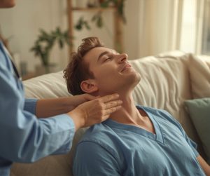 Manos de kinesiologo aplicando terapia manual a paciente con dolor cronico en su hogar - kinesiologia a domicilio PGMedic