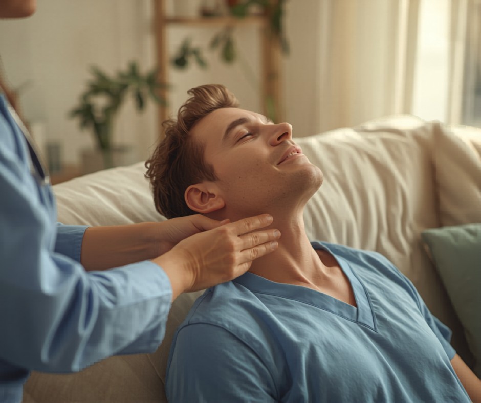 Manos de kinesiologo aplicando terapia manual a paciente con dolor cronico en su hogar - kinesiologia a domicilio PGMedic