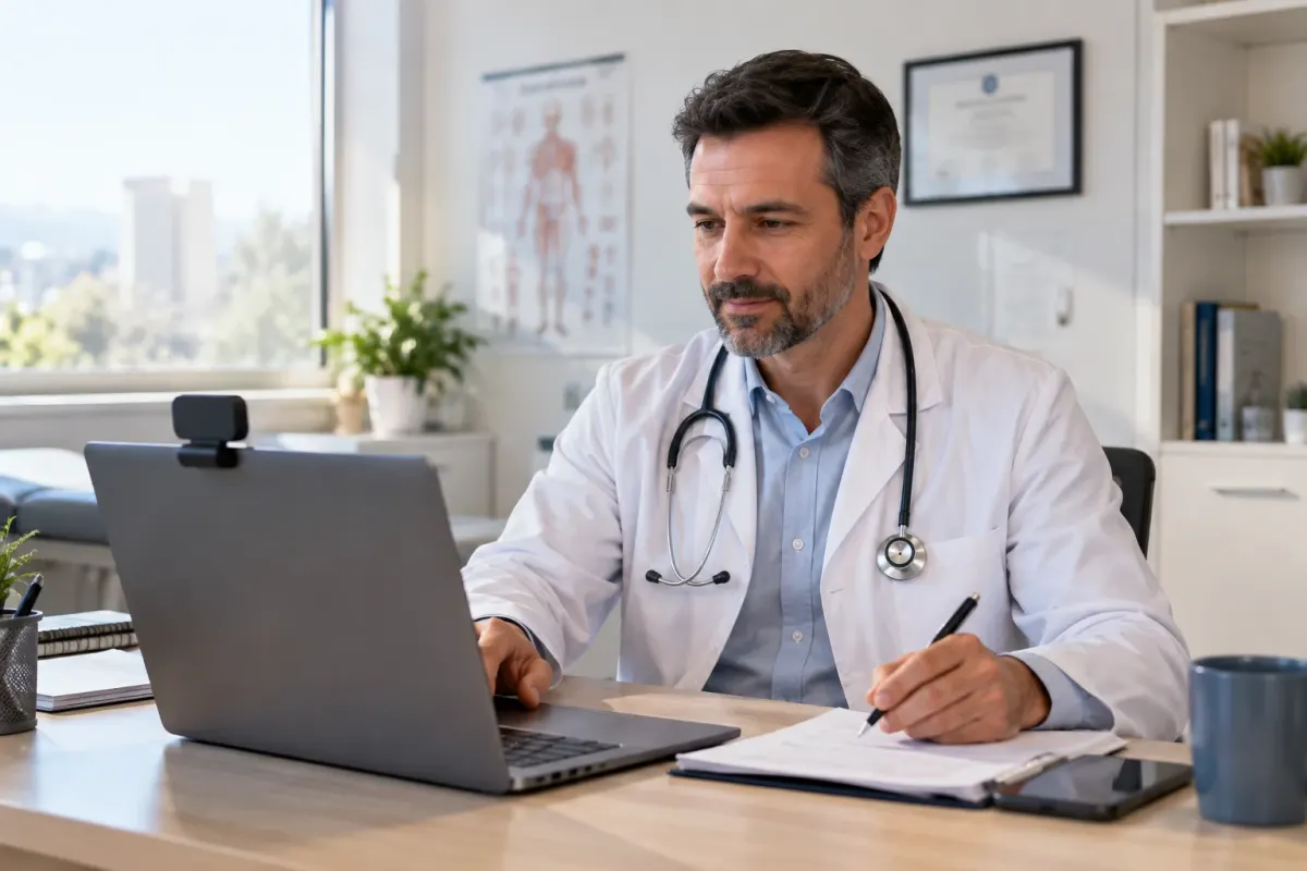 Médico emitiendo licencia médica en consulta de telemedicina